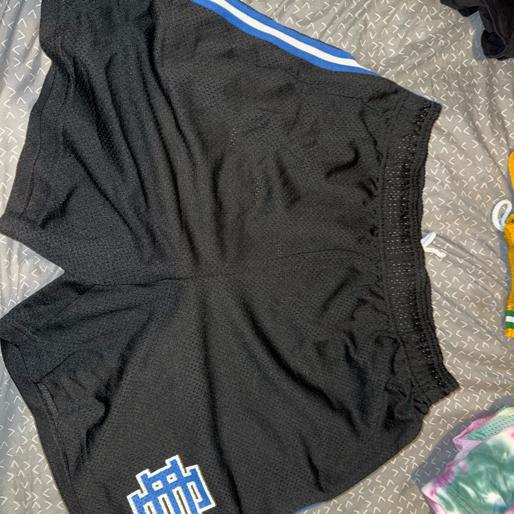 Eric Emanuel Black Shorts with Blue and White Stripe